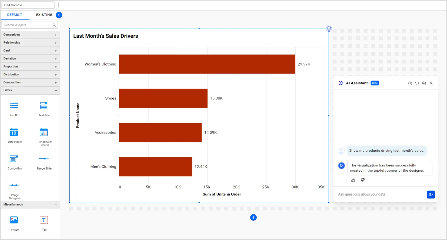 Creating Products Driving Last Month’s Sales Visual using AI Assistant Feature