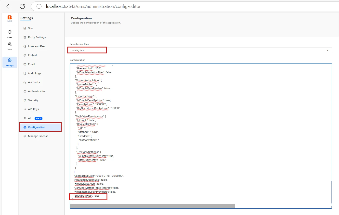 ShowDataHub property under config.json file