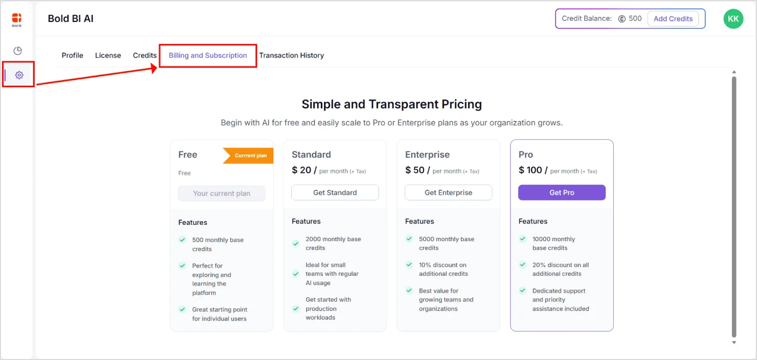 Available AI credit subscription plans in the AI credits portal