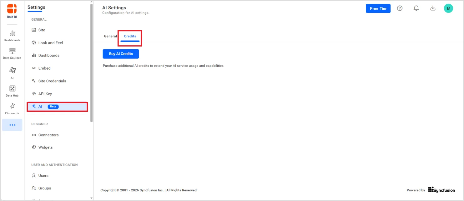 AI settings page with the credits section selected