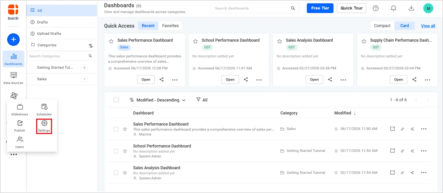 Bold BI dashboard interface with the site settings option