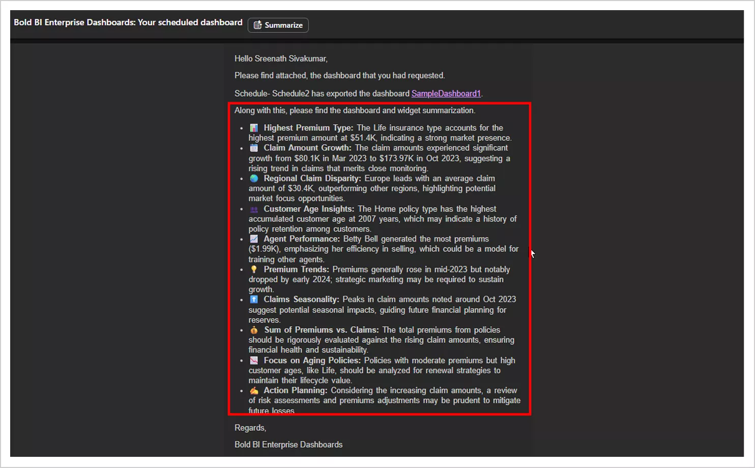 AI-generated dashboard scheduled summary