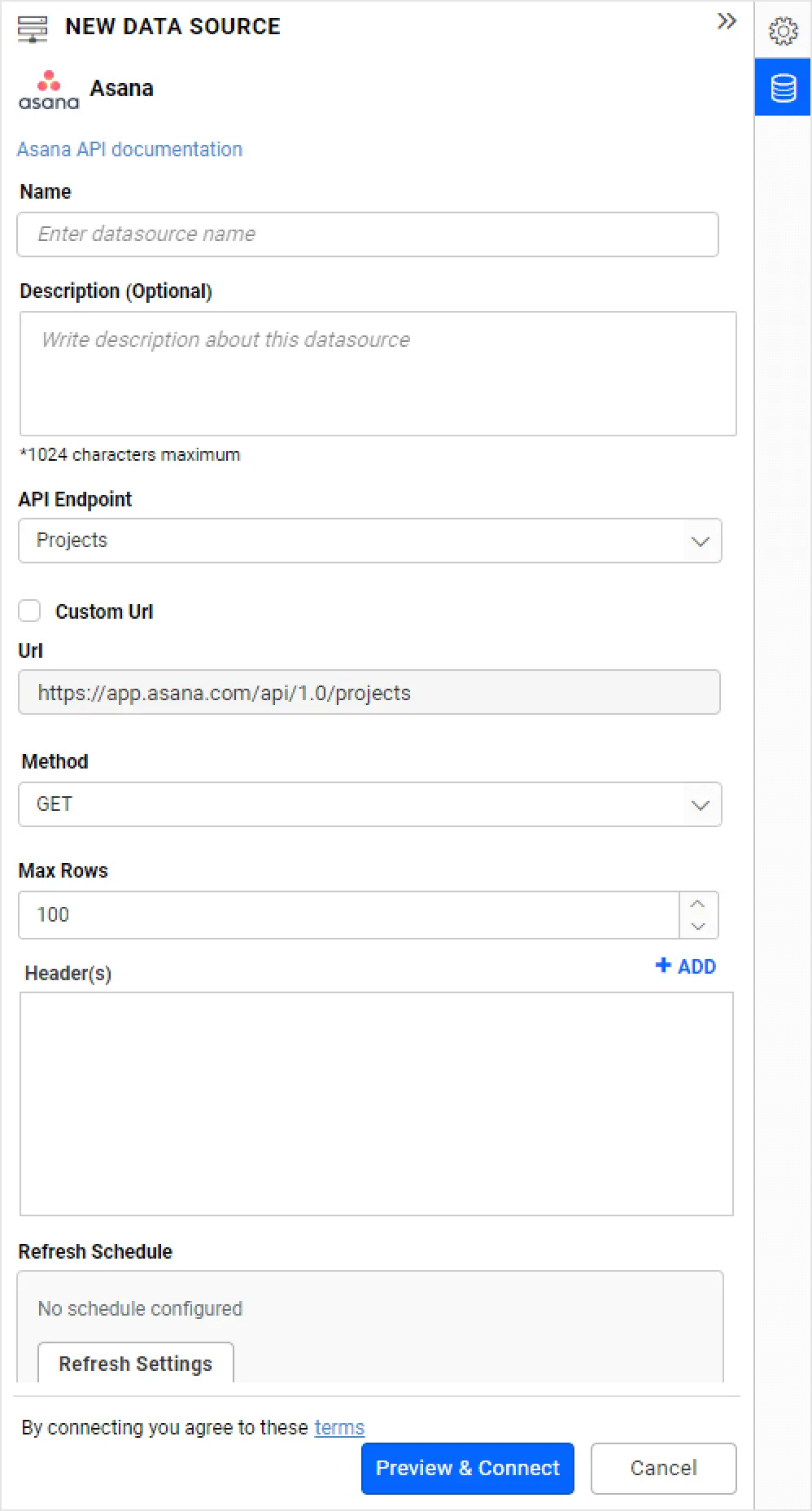 Asana data source window