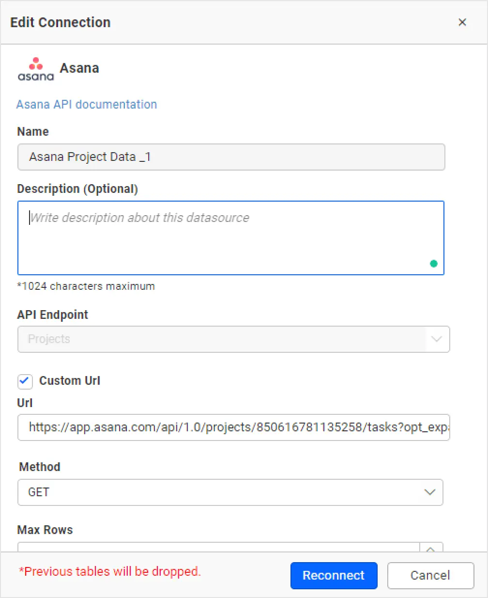 Asana edit connection window