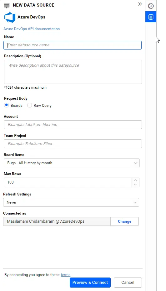 Azure DevOps data connection panel