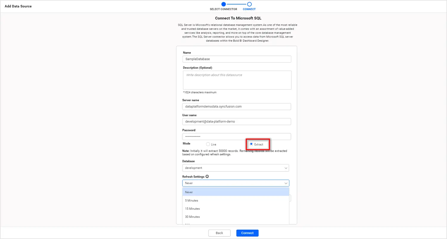 Configuring SQL connection in extract mode