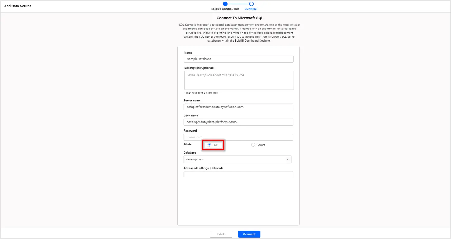 SQL connection in live mode