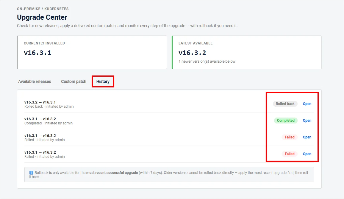 History tab showing past upgrade and rollback operations with their status and details