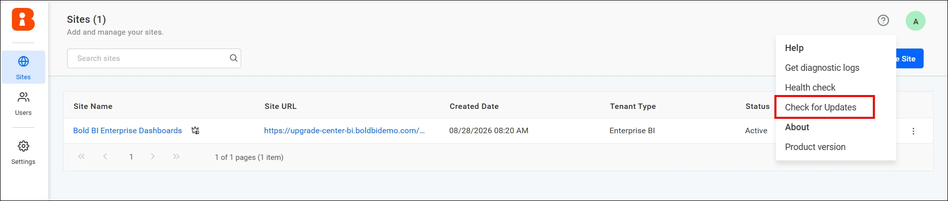 Check for updates option