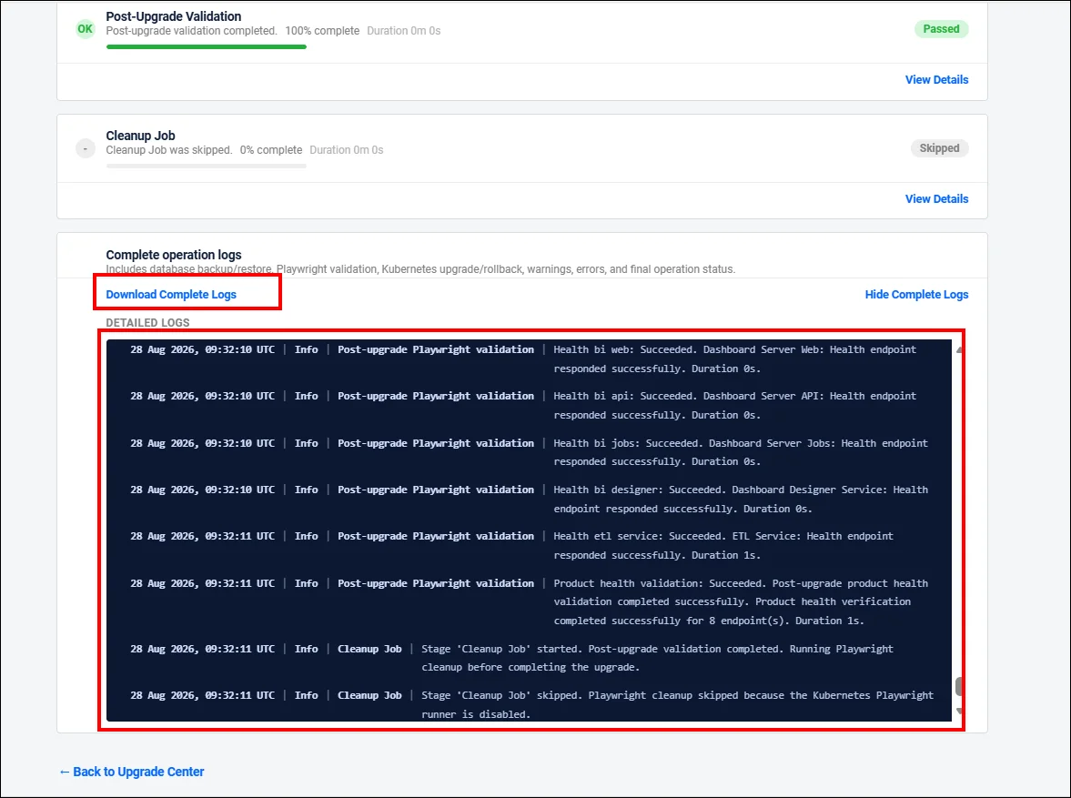 Complete operation logs showing post-upgrade validation results and downloadable upgrade logs