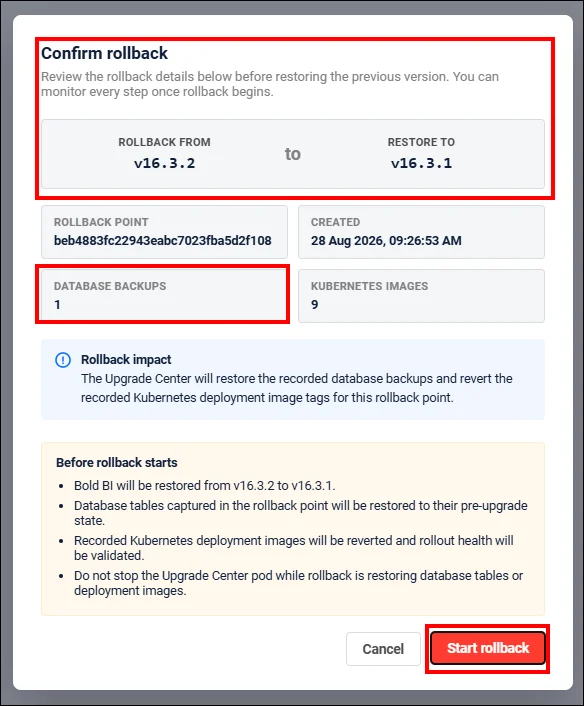 Confirm rollback dialog showing version details, backup information, and rollback impact