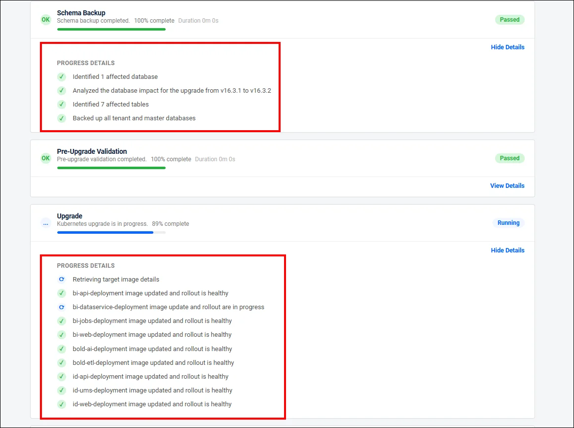 Schema backup and upgrade stages showing detailed progress and deployment rollout status