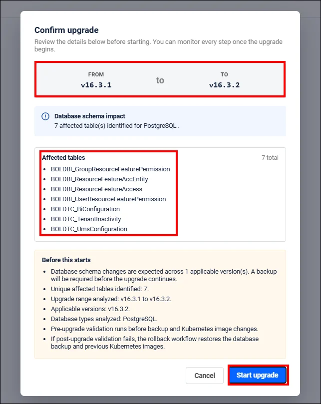 Upgrade confirmation dialog showing the target version and affected database tables