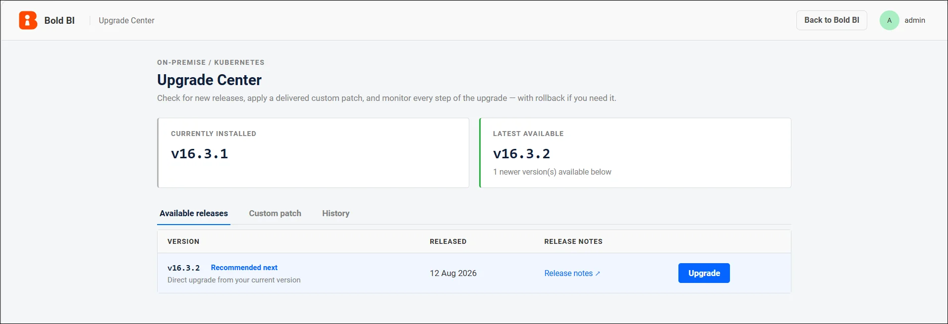 Upgrade Center landing page showing the current version, latest available release, and upgrade options