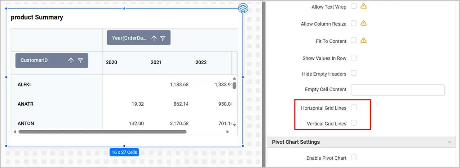 Show or hide grid lines in pivot grid