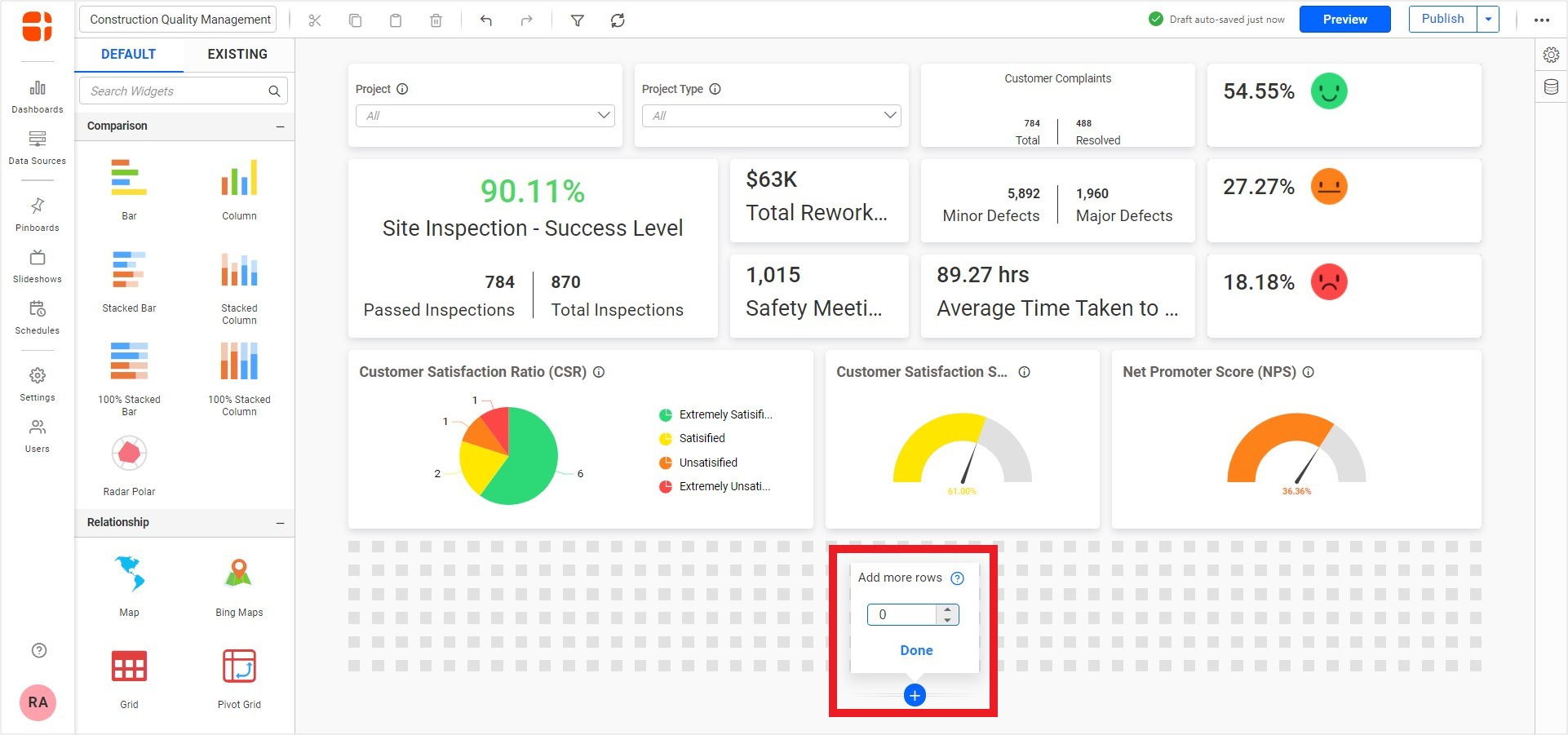 Construction Quality Management Dashboard with Add More Rows Option