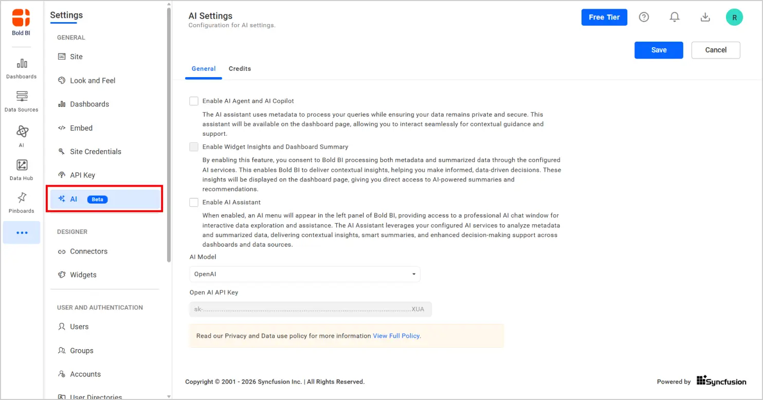 Select the AI tab under Settings