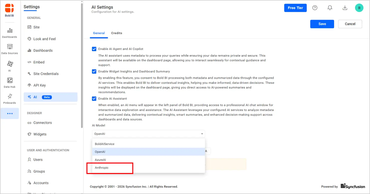 Choose Anthropic from the AI provider dropdown