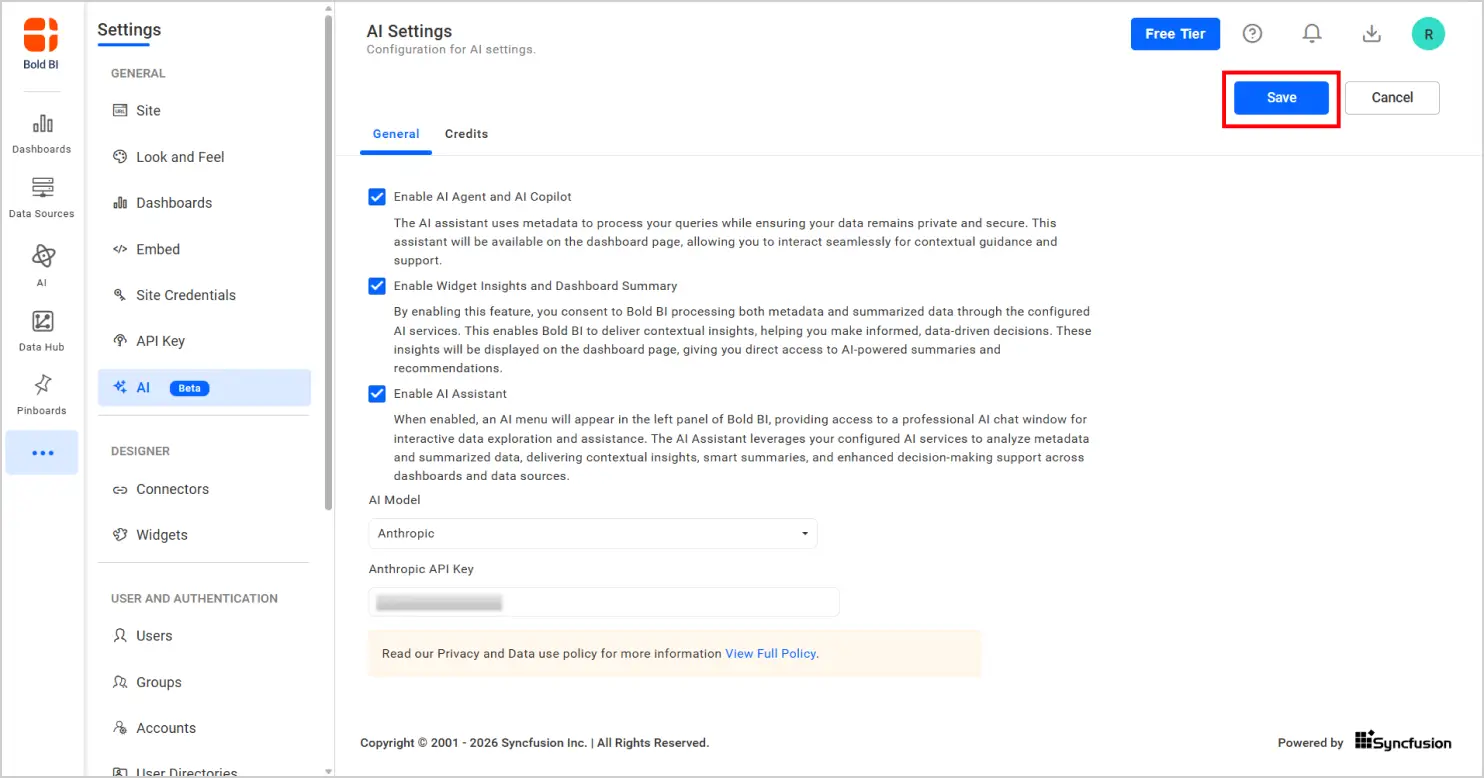 Click Save to apply your AI provider settings