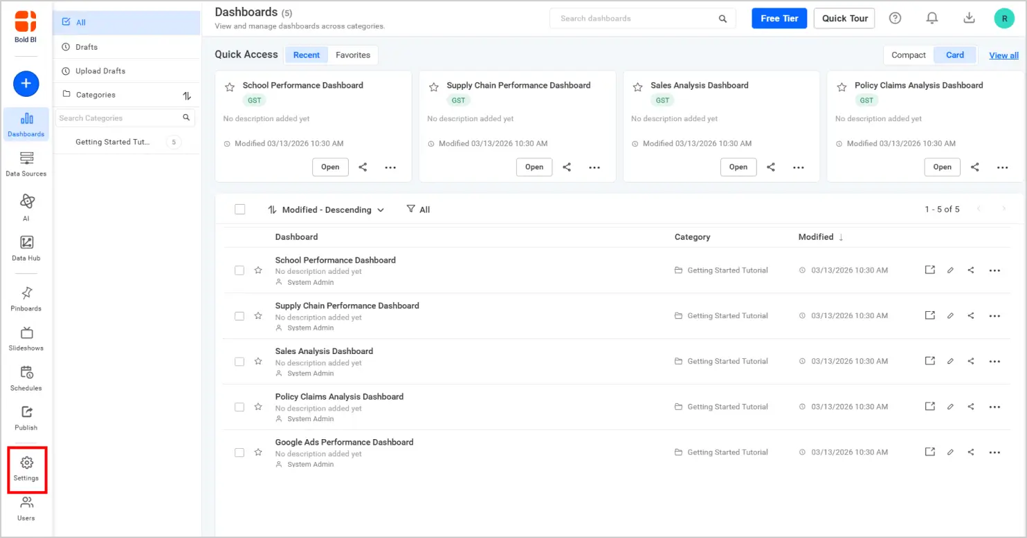 Open Settings in Bold BI to begin configuring AI features