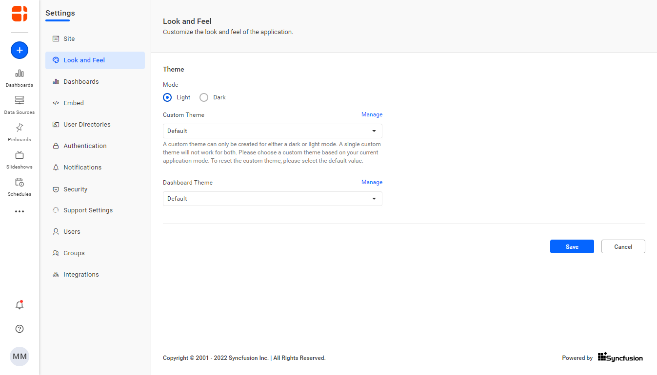 Look and Feel Option under Settings