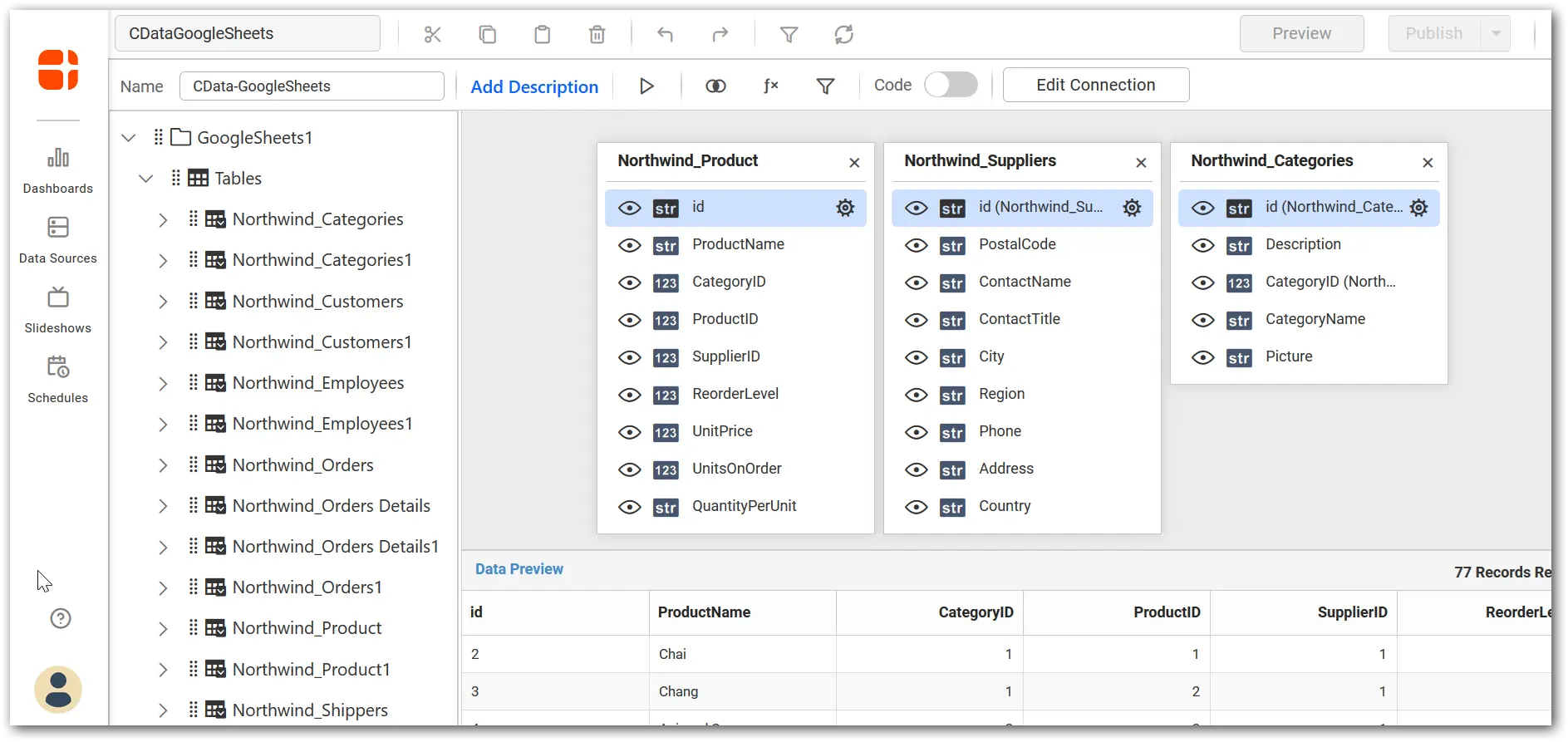Drag and drop tables into data source design window