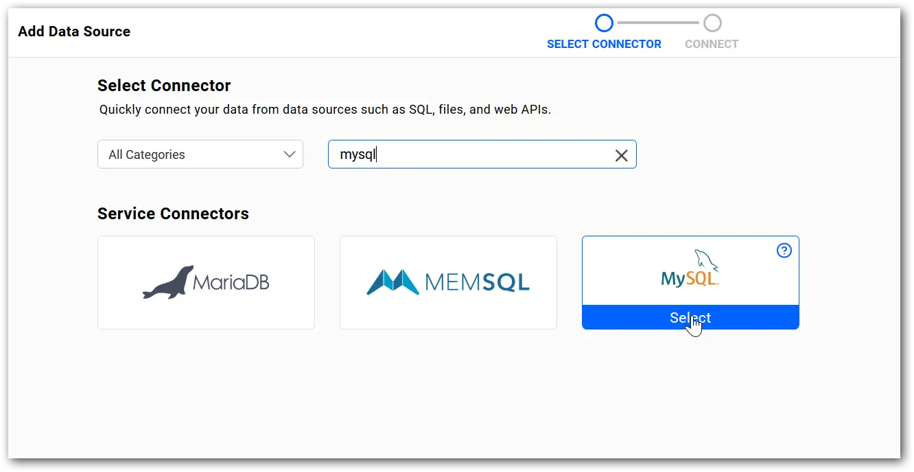 Selecting MySQL data source in Bold BI