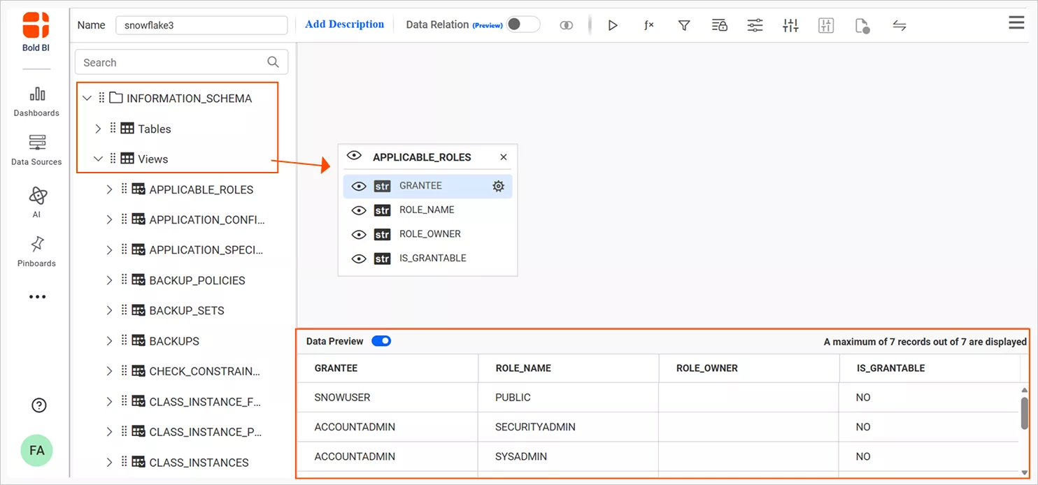 Select a view, drag and drop, and preview data