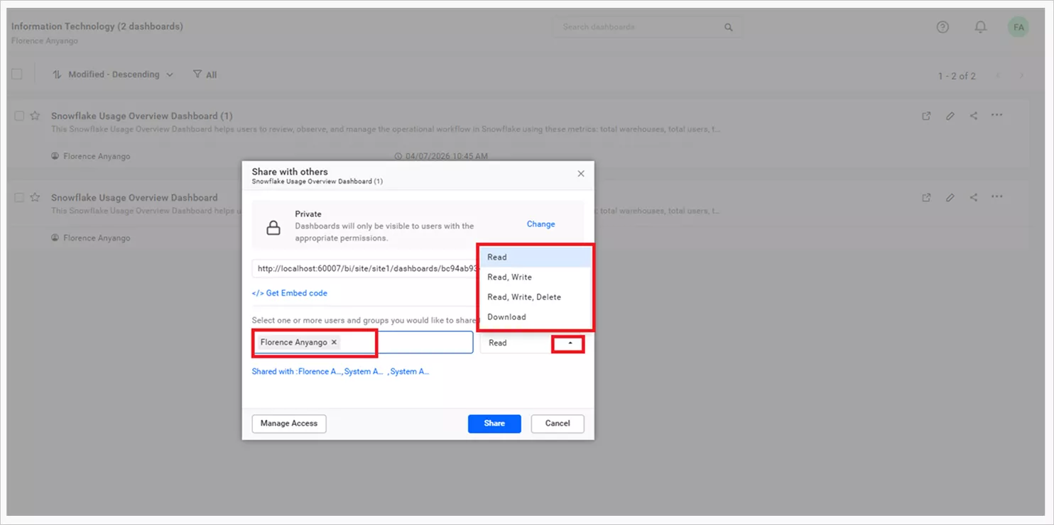 Add users and select access option