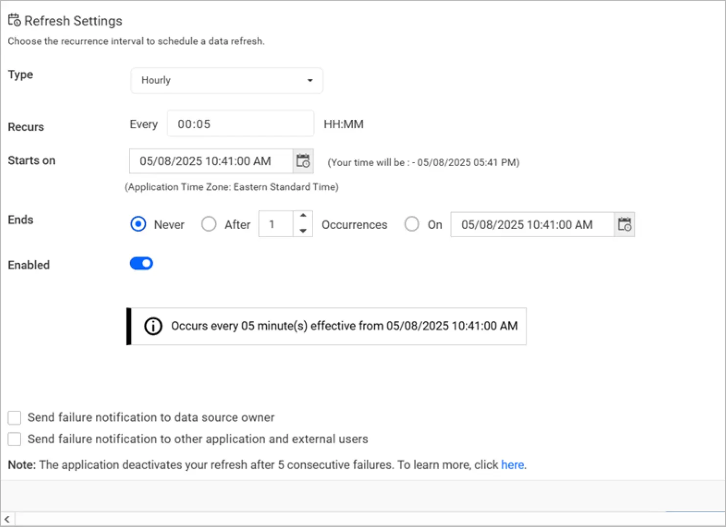 Refresh Settings window