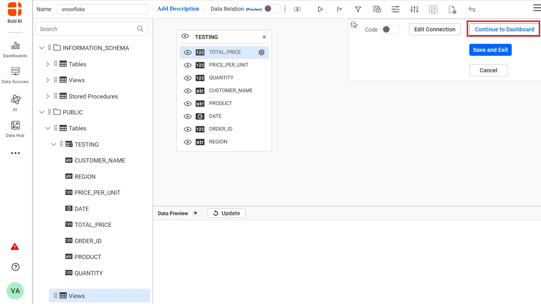 Continue to Dashboard option in Bold BI Dashboard Designer