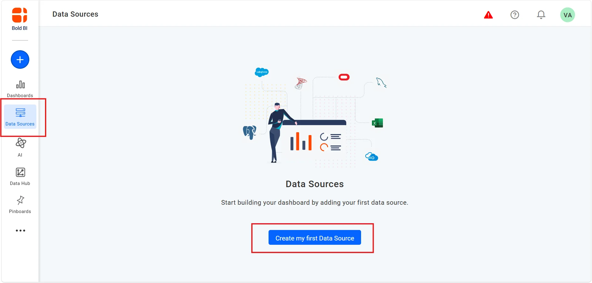 Create first data source option in Bold BI Dashboard Designer