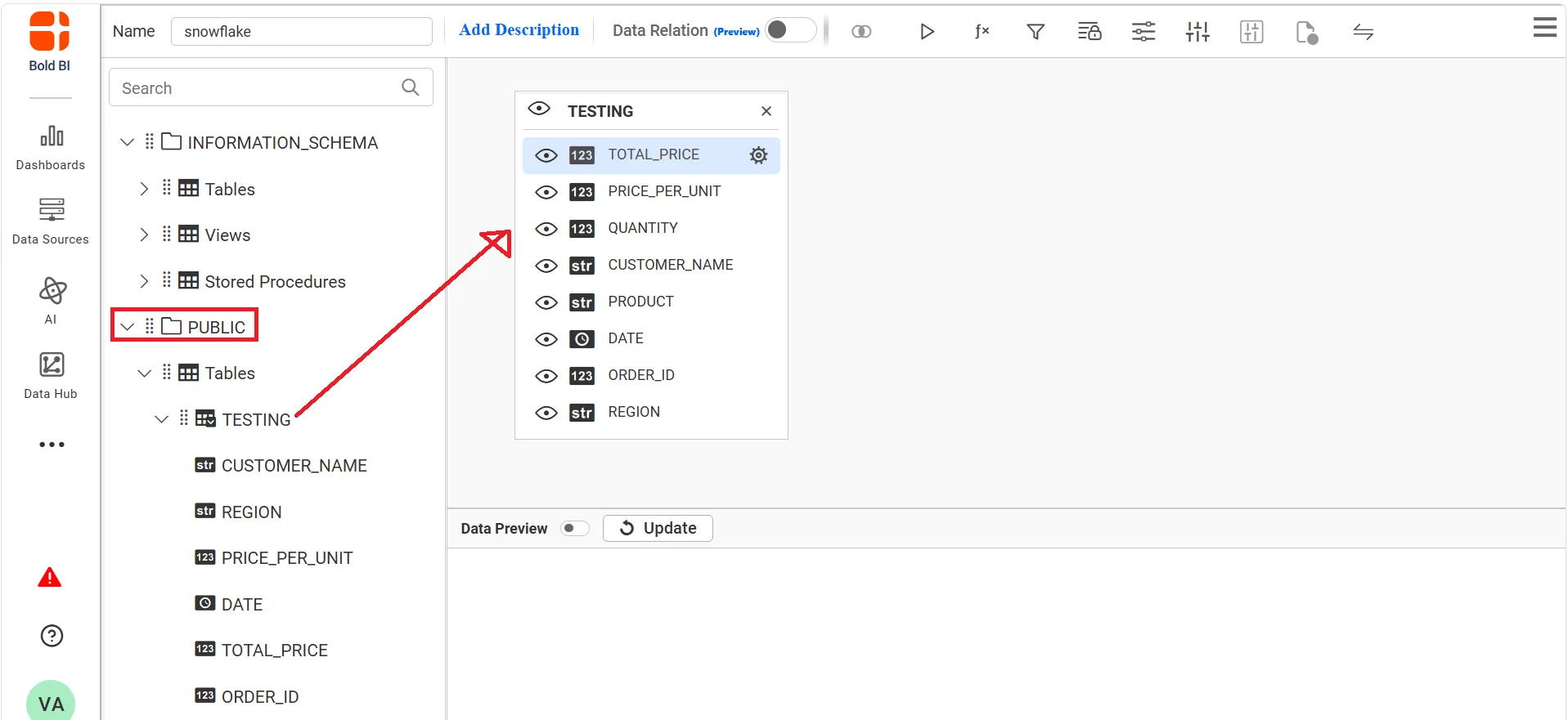 Selecting fields from a Gold-layer table in Bold BI Dashboard Designer