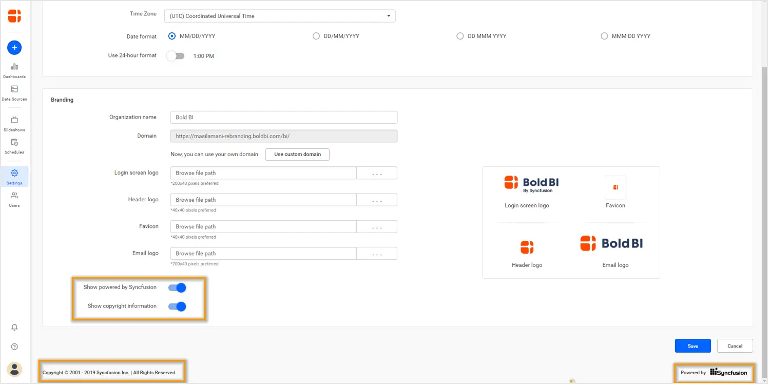 Powered by and copyright information setting