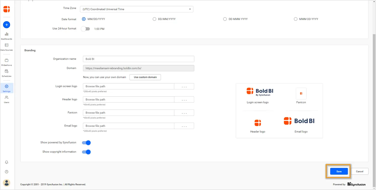 Save custom branding and domain changes
