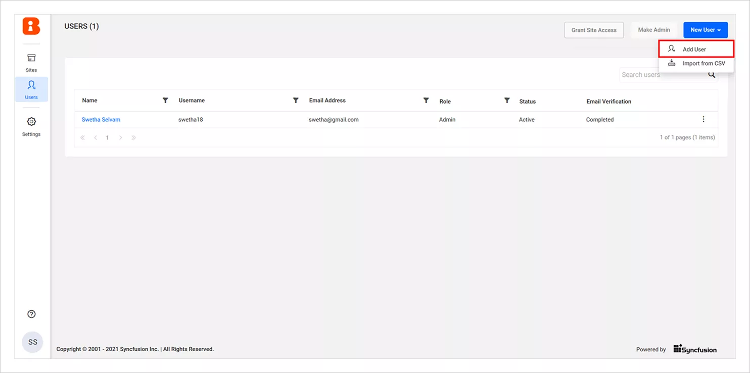 Add New User Option