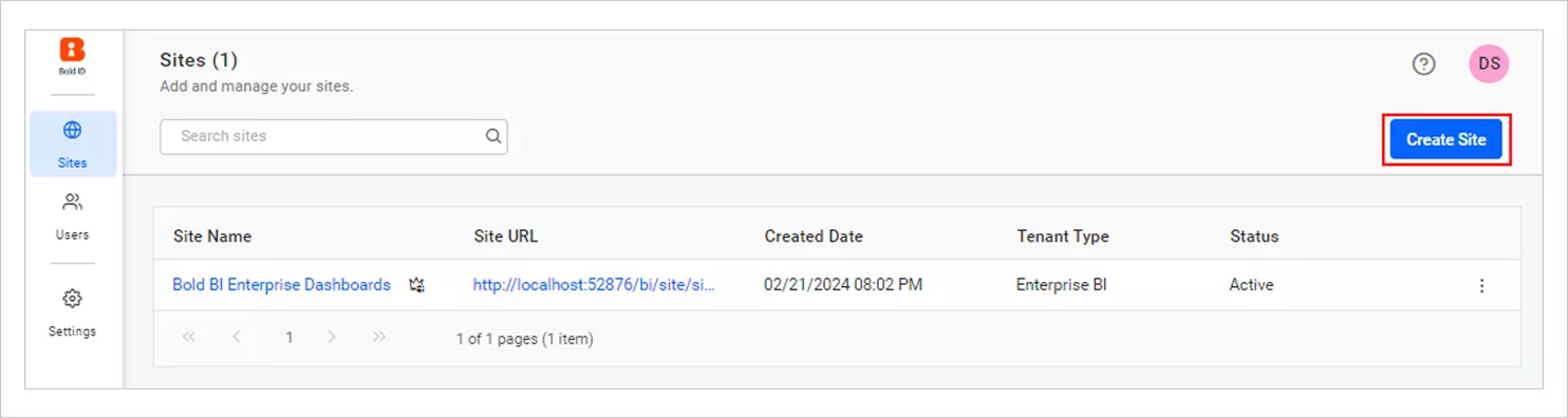 Click on the Create button to Create New Tenant