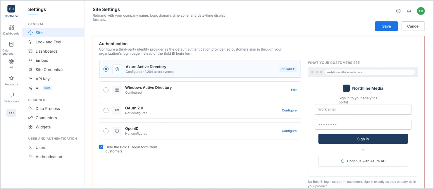 Authentication settings with Azure AD configured as the default identity provider
