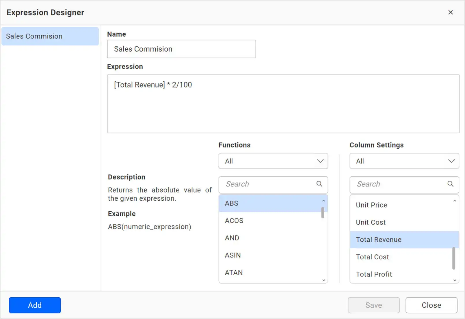 Expression Field for Calculating Sales Commission
