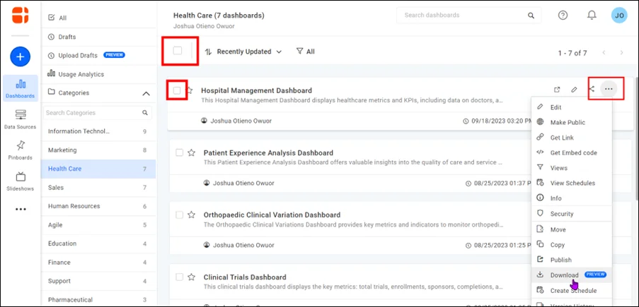 Dashboard Grid View Page