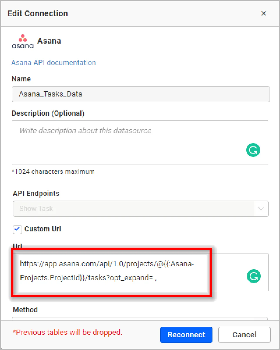 Asana connection window