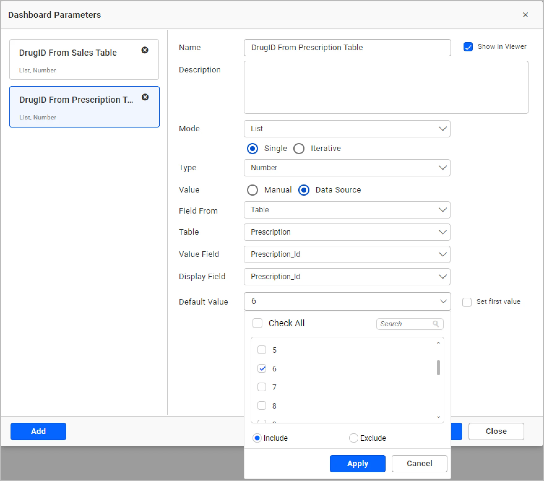 Configuring dashboard parameters with fields from a table