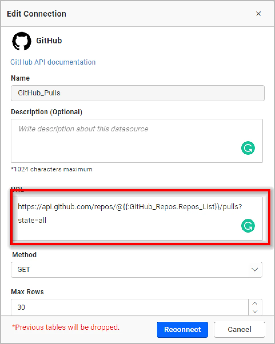 GitHub data connection window