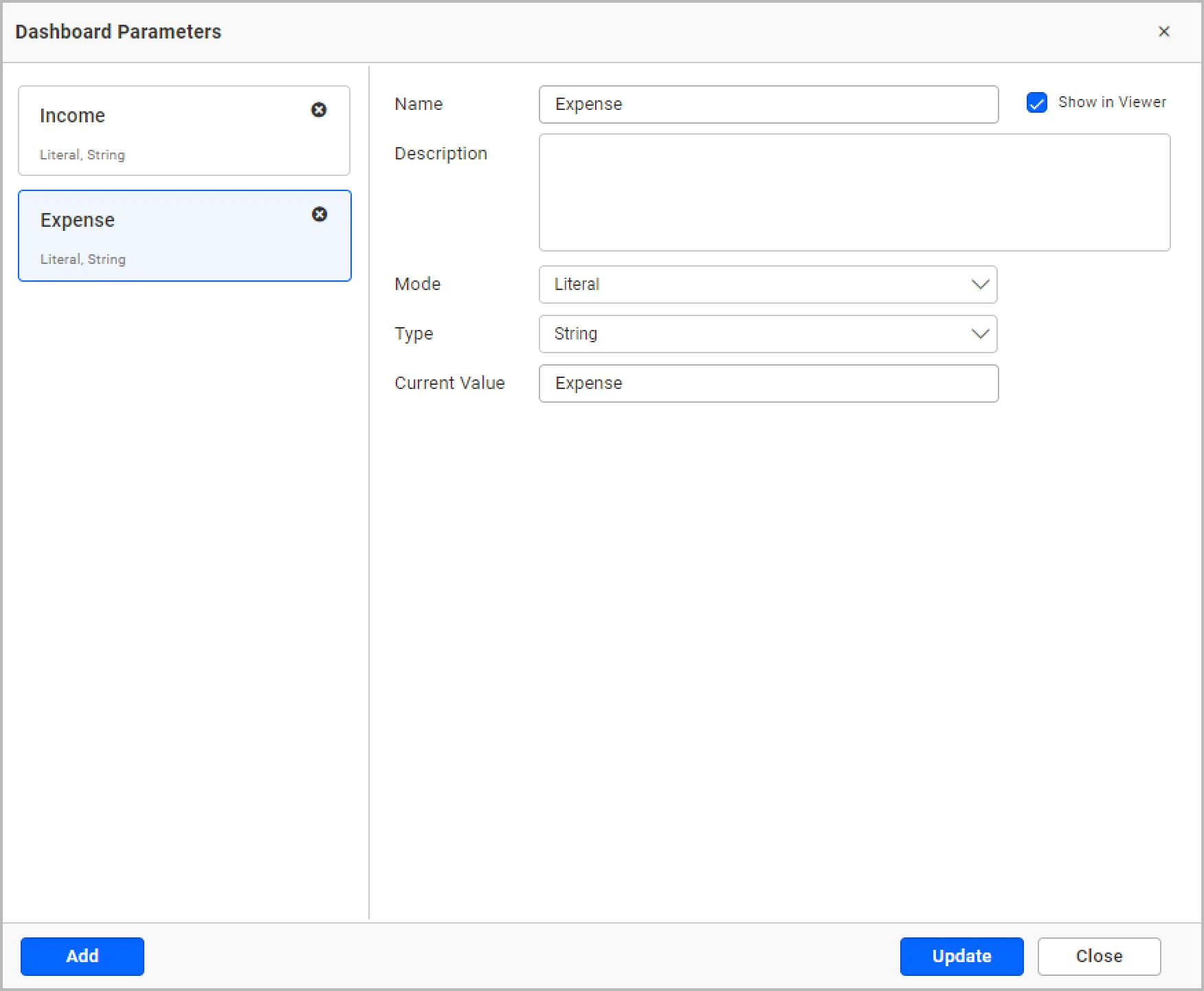 Configure dashboard parameter in literal mode
