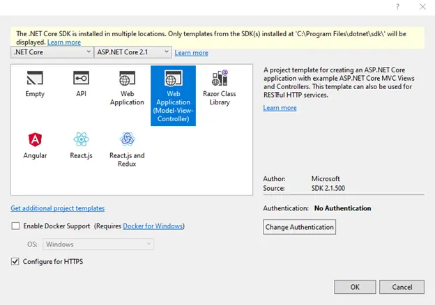Selecting the Web Application (Model-View-Controller) template from the project template window