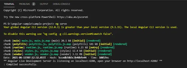 Opening the integrated terminal and using the ng serve command to run the Angular sample
