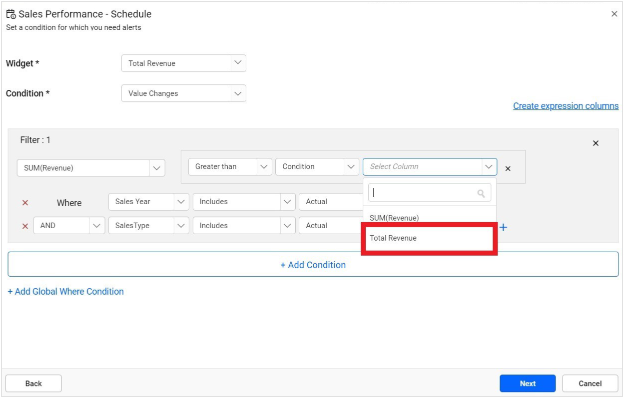 Choosing Custom Expression for Data Alert Configuration