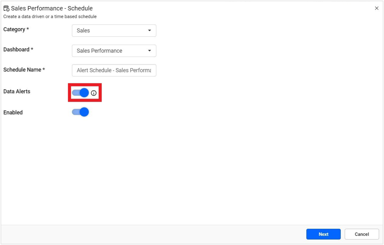 Set Schedule Name and Enable Data Alert