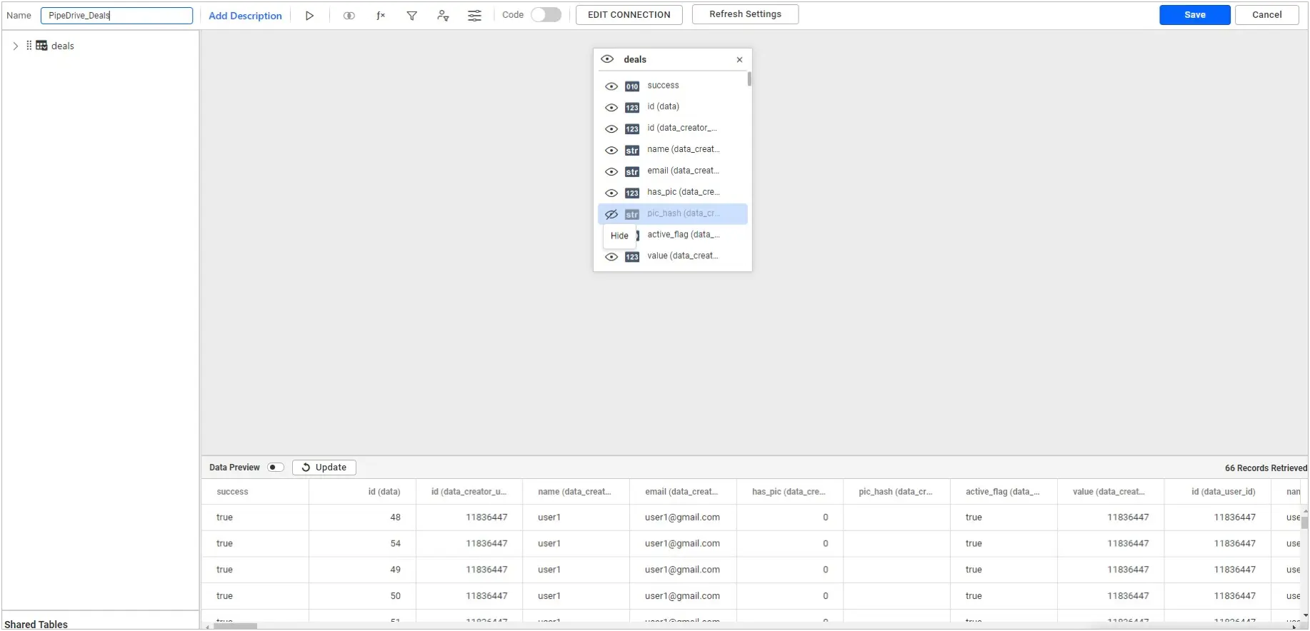 Hiding a column from the data source
