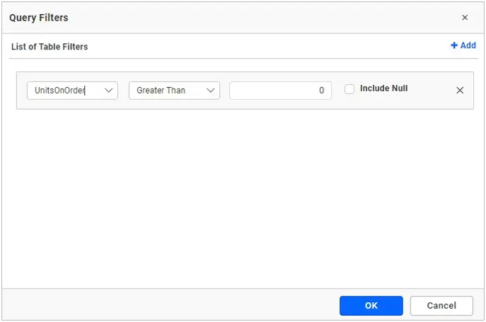 Query Filters configuration window